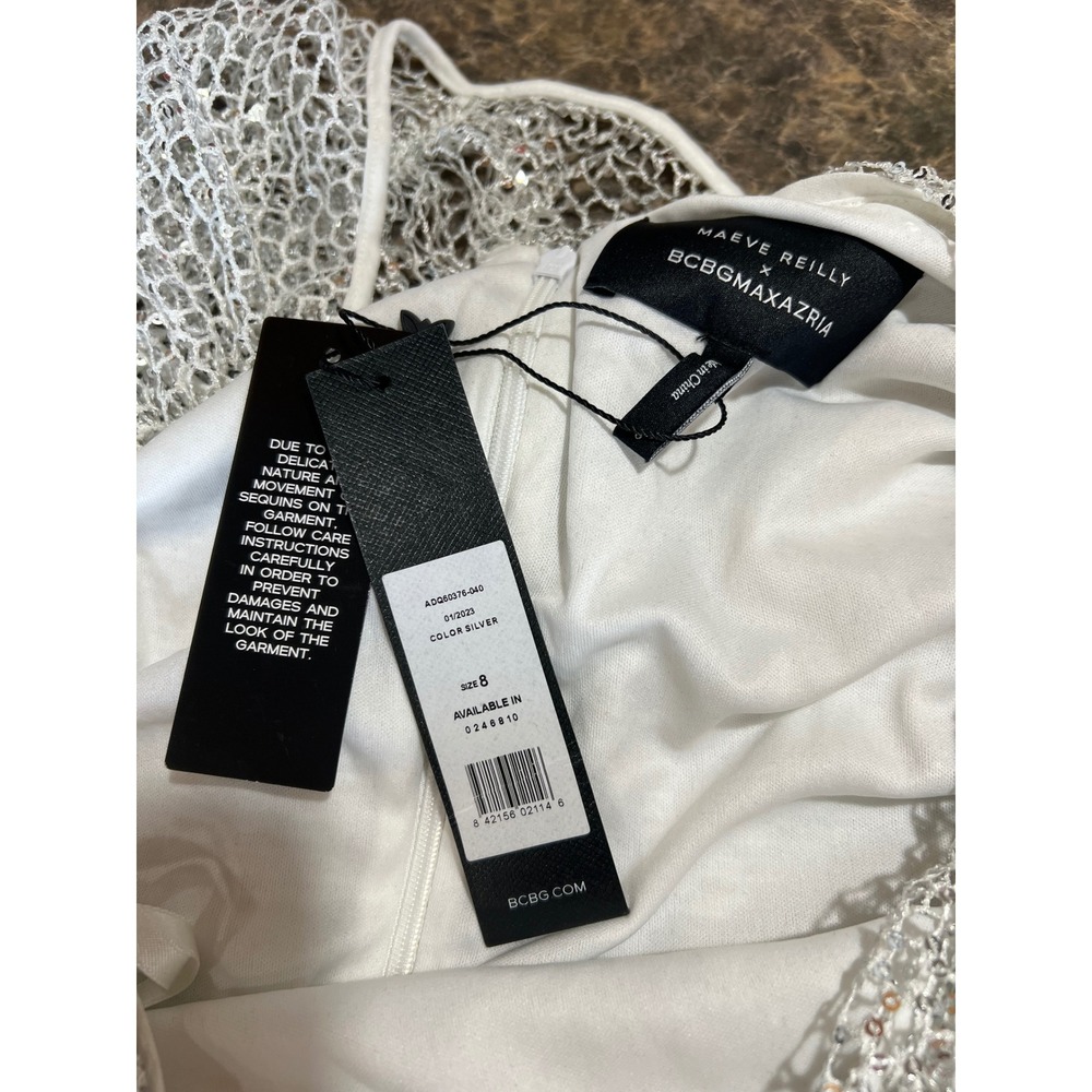 Maeve Reilly x BCBGMAXAZRIA Santa Monica Asymmetric Bodycon Mini Dress Silver 8 - Picture 2 of 13
